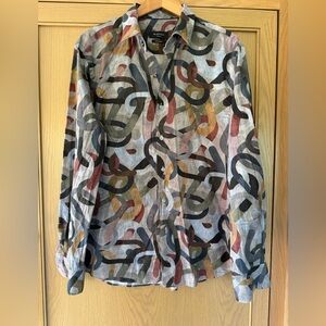 Bugatchi Comfort Stretch Shirt Shaped Fit Abstract Pattern Button Front LG